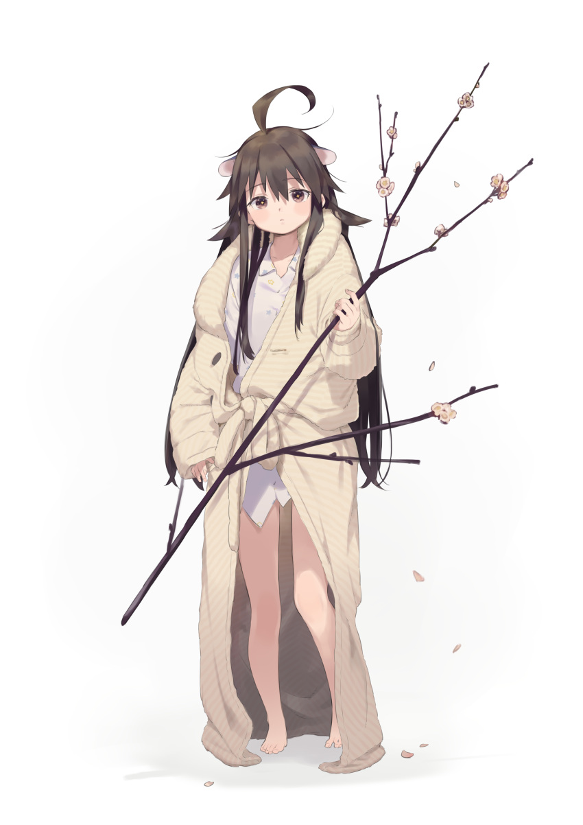 1girl absurdres ahoge amana_(pocketkey) animal_ears barefoot blush branch brown_eyes brown_hair closed_mouth collarbone eyebrows_visible_through_hair fingernails flower flower_request hair_between_eyes highres holding holding_branch long_hair original petals pink_flower solo standing yellow_pupils