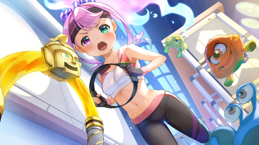 1girl 3others absurdres bare_arms bare_shoulders bite_mark black_pants collarbone creature determined dutch_angle eyelashes fingerless_gloves food gloves green_eyes hair_ribbon heterochromia highres himemori_luna hololive icicle light_blush long_hair midriff multiple_others navel open_mouth pants pink_hair ponytail popsicle ribbon ring-con ring_fit_adventure sidelocks solo sports_bra sweat sweatband sweatpants v-shaped_eyebrows violet_eyes virtual_youtuber watermelon_bar yamasan_ossan yoga_pants