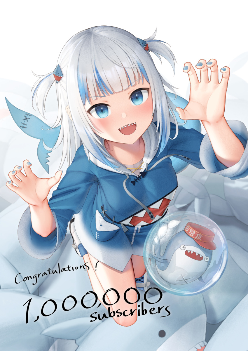 1girl :d bloop_(gawr_gura) blue_eyes blue_hair blue_hoodie blue_legwear blue_nails breasts claw_pose commentary_request congratulations drawstring fish_tail followers full_body gawr_gura hair_ornament hands_up highres hololive hololive_english hood hood_down hoodie kep_(ahokep) looking_at_viewer multicolored_hair nail_polish open_mouth shark_tail sharp_teeth shoes silver_hair small_breasts smile socks streaked_hair tail teeth two_side_up virtual_youtuber white_footwear