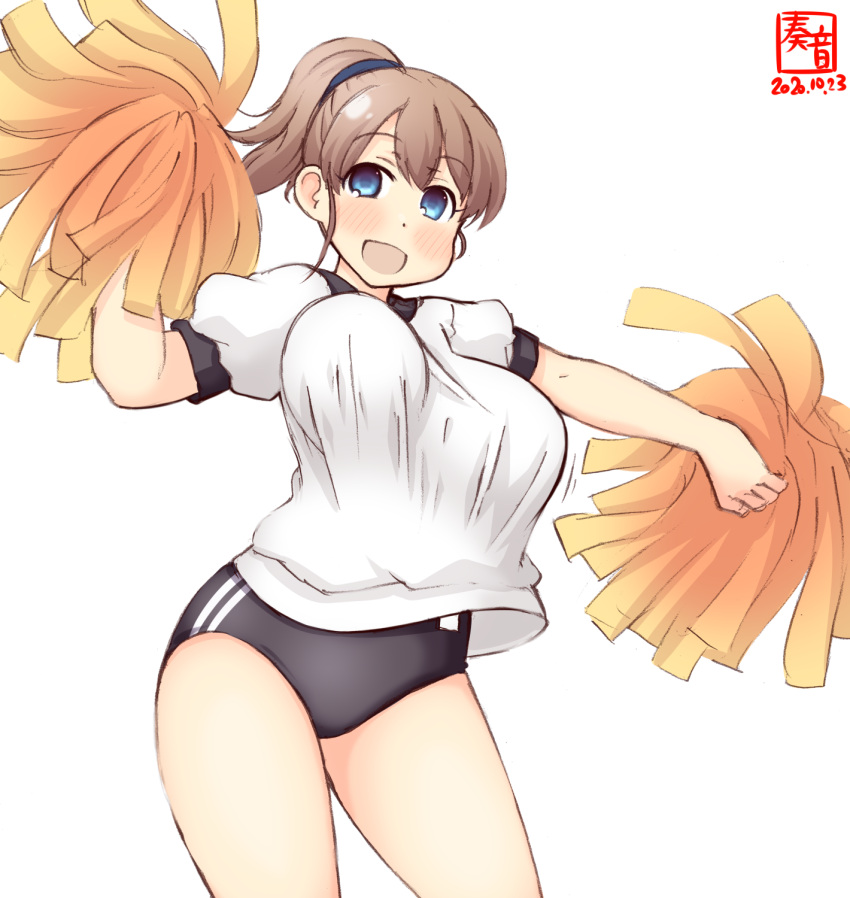 1girl alternate_costume artist_logo bangs black_buruma blue_eyes bouncing_breasts breasts brown_hair buruma cheering commentary_request cowboy_shot dated gym_shirt gym_uniform highres holding holding_pom_poms intrepid_(kantai_collection) kanon_(kurogane_knights) kantai_collection large_breasts looking_at_viewer open_mouth pom_poms ponytail revision shirt short_hair short_sleeves simple_background smile solo t-shirt white_background white_shirt