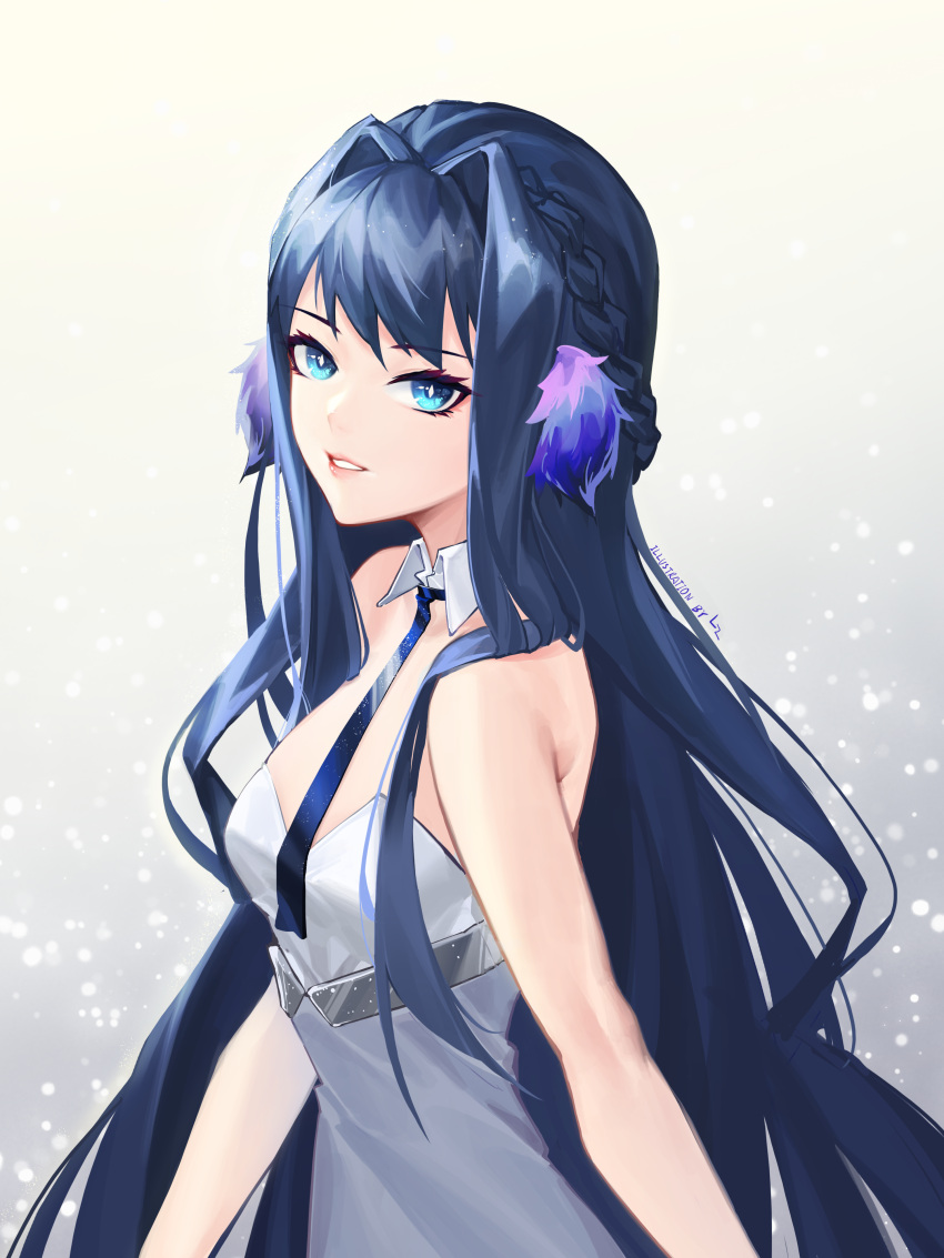 1girl absurdres alternate_costume arknights astesia_(arknights) bangs blue_eyes blue_hair blue_neckwear braid breasts commentary cz_(mikumikumi) detached_collar dress gradient gradient_background grey_background grey_dress hair_intakes highres long_hair looking_at_viewer parted_lips small_breasts solo strapless strapless_dress upper_body very_long_hair