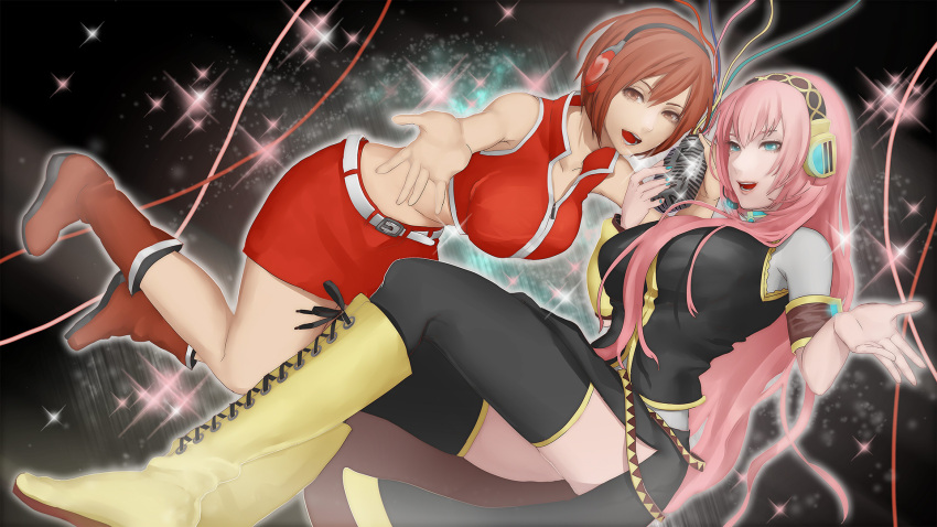 2girls bangs belt black_legwear blue_eyes boots breasts brown_eyes brown_hair collarbone crop_top cross-laced_clothes cross-laced_footwear hair_between_eyes headphones high_collar highres holding holding_microphone lace large_breasts long_hair looking_at_viewer megurine_luka meiko meiko_(vocaloid3) meriko microphone miniskirt multiple_girls open_mouth pink_hair red_footwear red_shirt red_skirt ribbon shirt short_hair skirt sleeveless sleeveless_shirt teeth thigh-highs vocaloid zipper