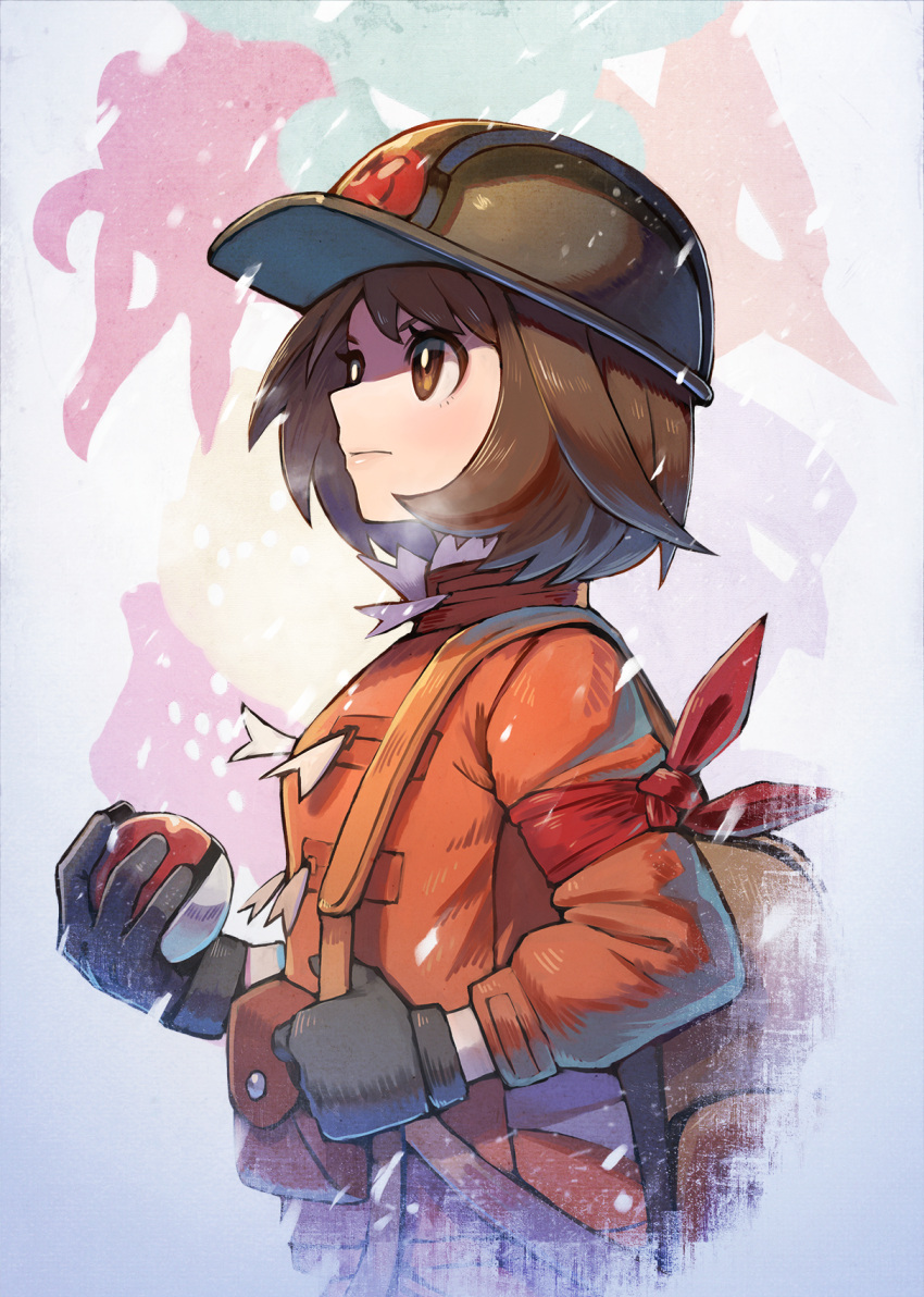 1girl armband backpack bag black_gloves black_headwear blush brown_eyes brown_hair closed_mouth coat from_side galarian_articuno galarian_form galarian_moltres galarian_zapdos gen_8_pokemon gloria_(pokemon) gloves gradient gradient_background helmet highres holding holding_poke_ball kuroi_susumu legendary_pokemon long_sleeves orange_coat poke_ball poke_ball_(basic) pokemon pokemon_(game) pokemon_swsh pouch short_hair snowing solo winter_clothes winter_coat