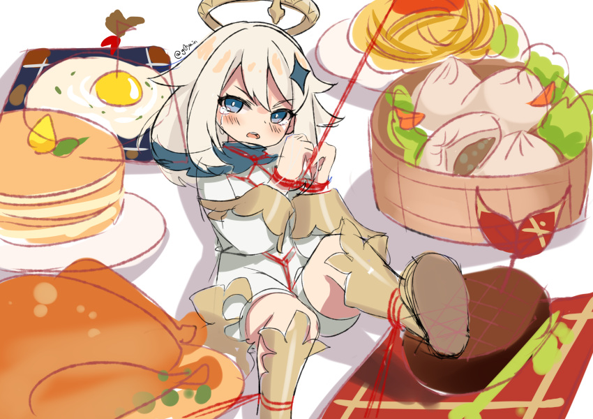 1girl absurdres angry bdsm blue_eyes blush bondage bound cape dress egg_yolk food food_request genshin_impact goyain halo highres looking_at_viewer paimon_(genshin_impact) pancake restrained scarf short_hair tied_up turkey_(food) white_dress white_hair