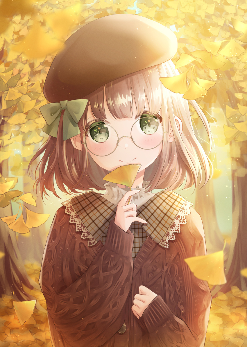 1girl arms_up autumn autumn_leaves bangs beret blurry blurry_background brown_cardigan brown_headwear cardigan commentary day forest ginkgo_leaf glasses hair_ribbon hand_on_own_chest hat head_tilt highres holding holding_leaf hoshiibara_mato leaf light_blush light_particles looking_at_viewer nature original outdoors plaid plaid_shirt ribbon round_eyewear shirt short_hair sleeves_past_wrists smile solo standing upper_body