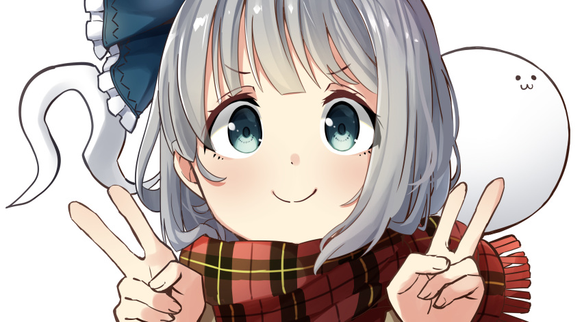 1girl :3 bangs blue_ribbon commentary_request double_v face frilled_ribbon frills ghost green_eyes grey_hair hair_ribbon hands_up highres konpaku_youmu konpaku_youmu_(ghost) looking_at_viewer medium_hair pegashi plaid plaid_scarf red_scarf ribbon scarf simple_background smile solo touhou v white_background