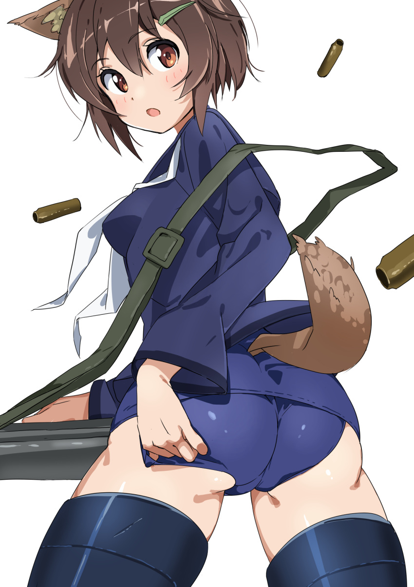 1girl animal_ears ass blue_legwear blue_sailor_collar blue_shirt blue_swimsuit brave_witches brown_eyes brown_hair commentary_request dog_ears dog_tail from_behind furuyama_itaru gun highres karibuchi_hikari looking_at_viewer looking_back sailor_collar sailor_shirt school_swimsuit shell_casing shirt short_hair simple_background solo striker_unit swimsuit tail thigh-highs weapon white_background world_witches_series