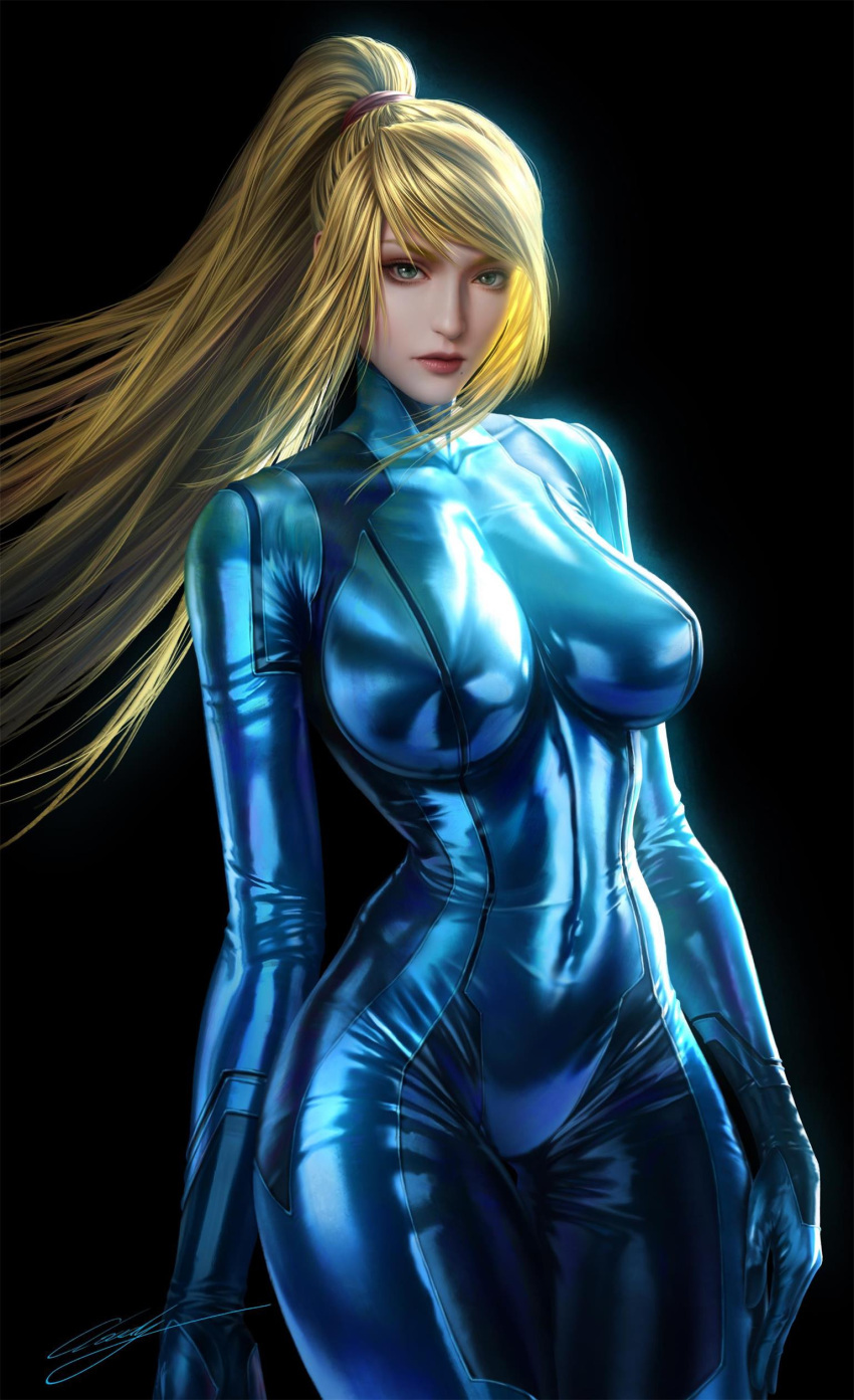 1girl absurdres bangs black_background blonde_hair blue_bodysuit blue_eyes bodysuit breasts cloud.d covered_navel curvy hair_tie high_ponytail highres large_breasts long_hair looking_at_viewer metroid samus_aran signature skin_tight standing super_smash_bros. swept_bangs zero_suit