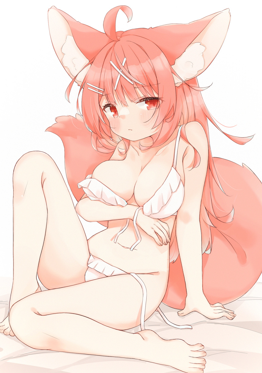 1girl ahoge animal_ear_fluff animal_ears arm_support bangs bare_arms bare_legs bare_shoulders barefoot bed_sheet bikini blush breasts closed_mouth collarbone commentary_request eyebrows_visible_through_hair fox_ears fox_girl fox_tail front-tie_bikini front-tie_top full_body groin hair_ornament hairclip highres knee_up large_breasts long_hair looking_at_viewer minato_yu_(0514) original red_eyes redhead side-tie_bikini solo swimsuit tail untied untied_bikini very_long_hair white_background white_bikini x_hair_ornament