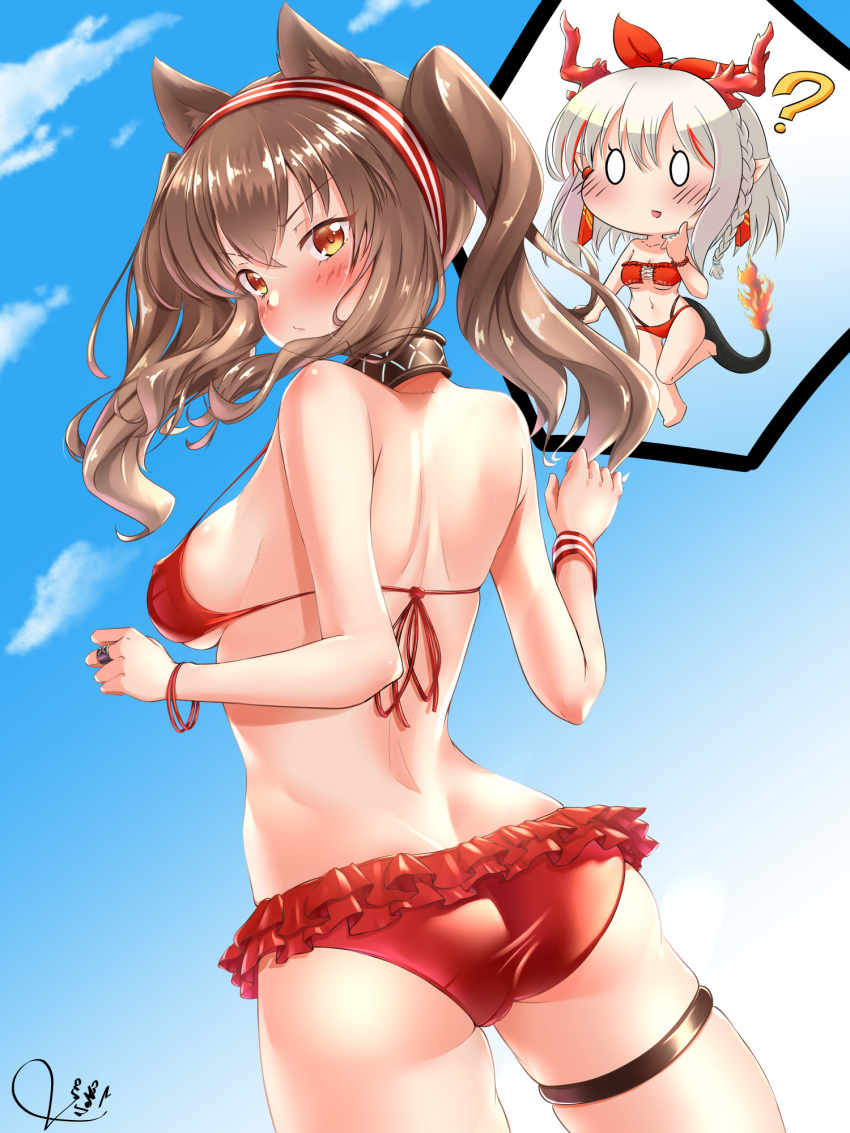 0_0 2girls ? angelina_(arknights) animal_ears arknights ass bangs bare_arms bare_shoulders bikini black_collar blue_sky blush braid brown_hair chibi clouds collar commentary cowboy_shot day fox_ears hair_between_eyes hairband highres horns kuro_neko_7 long_hair looking_at_viewer multiple_girls navel nian_(arknights) orange_eyes outdoors pointy_ears red_bikini red_hairband silver_hair sky standing stomach swimsuit tail thigh_strap thighs twintails v-shaped_eyebrows wristband