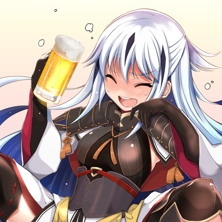 1girl alcohol beer beer_mug black_gloves blush closed_eyes cup drunk fate/grand_order fate_(series) gloves grimjin highres long_hair mug multicolored_hair nagao_kagetora_(fate) spread_legs thigh-highs two-tone_hair white_hair