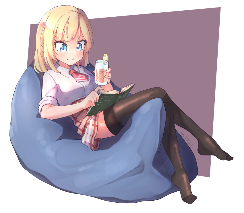 1girl artist_apprentice bangs bean_bag_chair beige_skirt black_legwear blonde_hair blue_eyes book closed_mouth collared_shirt crossed_legs cup english_commentary glass high-waist_skirt highres holding holding_book holding_cup hololive hololive_english iced_tea necktie no_shoes open_book plaid plaid_skirt reading red_neckwear shirt short_hair short_necktie short_sleeves sidelocks sitting skirt sleeves_rolled_up smile solo thigh-highs virtual_youtuber watson_amelia white_shirt