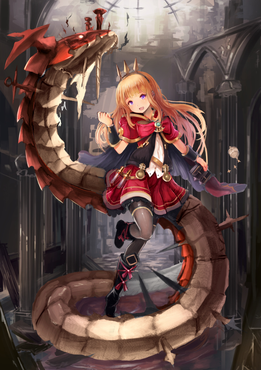 1girl absurdres blonde_hair blue_eyes boots brooch cagliostro_(granblue_fantasy) capelet cloak frilled_skirt frills granblue_fantasy hamidashi-kun headband highres jewelry knee_boots long_hair looking_at_viewer red_neckwear skirt smile