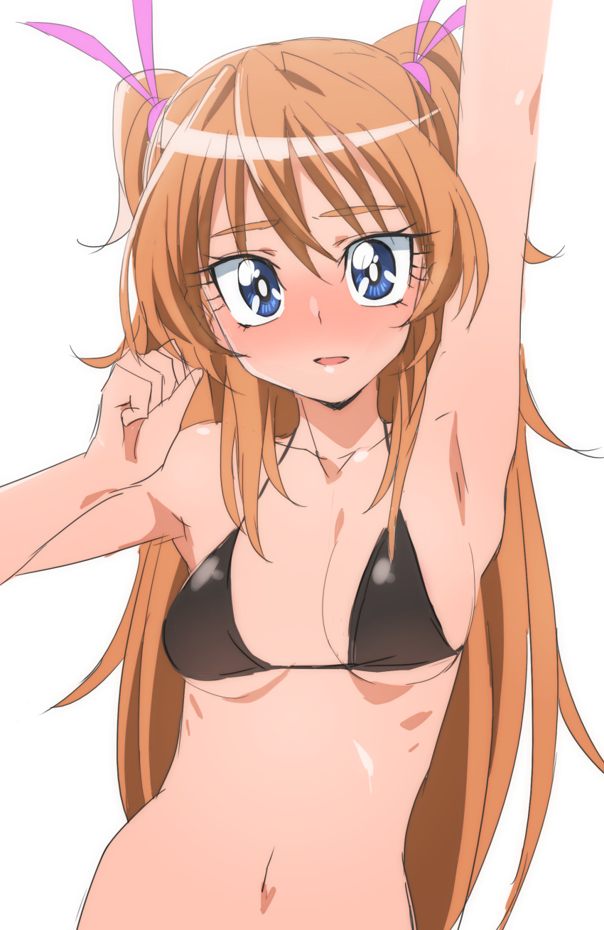 1girl absurdres arm_up armpits bikini bikini_top black_bikini blue_eyes breasts hair_ribbon highres houjou_hibiki huge_filesize long_hair looking_at_viewer manji_(tenketsu) navel orange_hair pink_ribbon precure ribbon simple_background solo suite_precure swimsuit white_background