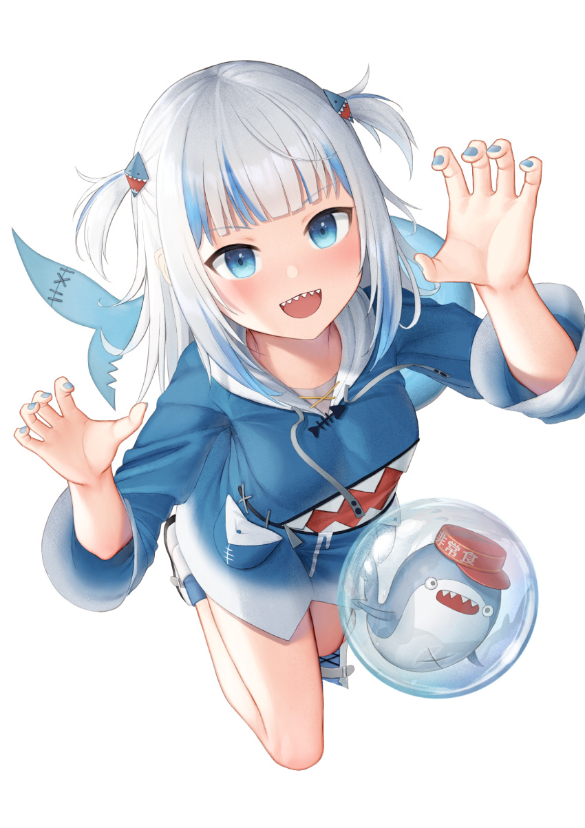 1girl :d bloop_(gawr_gura) blue_eyes blue_hair blue_hoodie blue_legwear blue_nails breasts claw_pose drawstring fish_tail full_body gawr_gura hair_ornament hands_up highres hololive hololive_english hood hood_down hoodie kep_(ahokep) looking_at_viewer multicolored_hair nail_polish open_mouth shark_tail sharp_teeth shoes silver_hair simple_background small_breasts smile socks streaked_hair tail teeth two_side_up virtual_youtuber white_background white_footwear