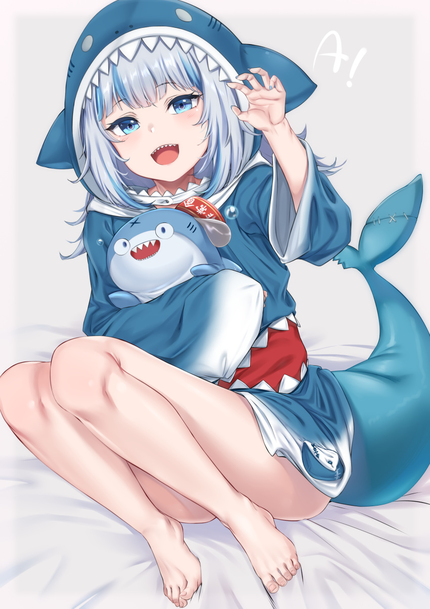 ! 1girl animal_hood bangs barefoot bloop_(gawr_gura) blue_eyes blue_hair blue_nails blush claw_pose english_text fish_tail full_body gawr_gura hat highres holding hololive hololive_english hood lying moisture_(chichi) multicolored_hair nail_polish open_mouth shark shark_girl shark_hood shark_tail sharp_teeth sidelocks streaked_hair tail teeth two-tone_hair virtual_youtuber white_hair