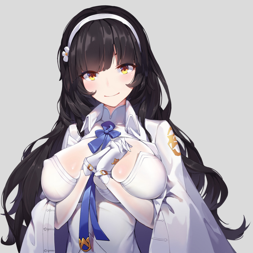 1girl bangs black_hair blue_ribbon blush breasts closed_mouth eyebrows_behind_hair girls_frontline gloves grey_background hair_ornament hairband halter_top halterneck hands_together highres large_breasts long_hair looking_at_viewer orange_eyes qbz-95_(girls_frontline) ribbon simple_background smile solo upper_body whisibusy white_gloves white_hairband
