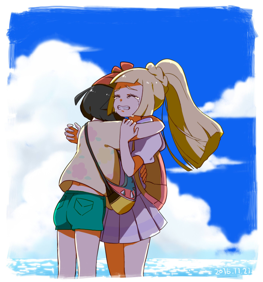 2girls bag beanie black_hair blonde_hair braid clenched_teeth closed_eyes clouds commentary_request crying dated day eyelashes green_shorts hat highres hug lillie_(pokemon) long_hair multiple_girls oh_juun outdoors pleated_skirt pokemon pokemon_(game) pokemon_sm ponytail red_headwear selene_(pokemon) shirt short_sleeves shorts shoulder_bag skirt sky tears teeth