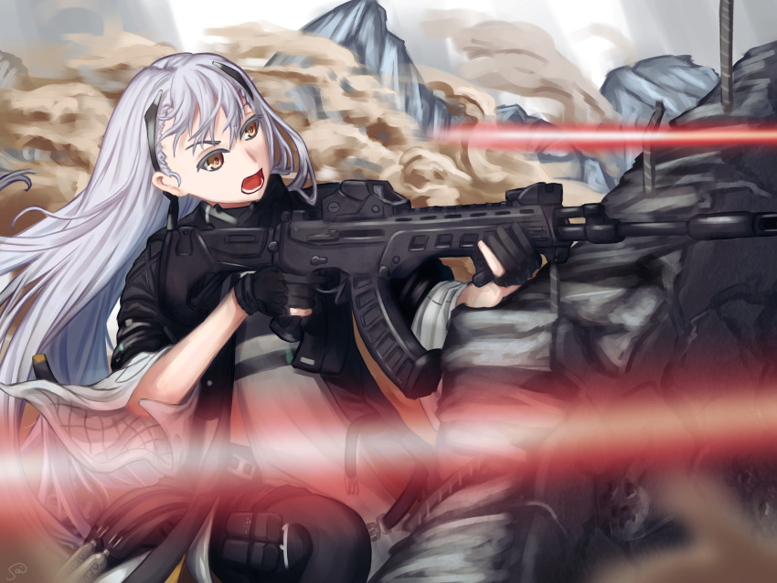 1girl absurdres ak-alfa assault_rifle black_gloves brown_eyes energy_beam firing girls_frontline gloves gun hair_between_eyes hairband highres holding holding_gun holding_weapon huge_filesize jacket long_hair mountainous_horizon open_mouth partially_fingerless_gloves reflex_sight rifle siki10ga silver_hair trench very_long_hair weapon