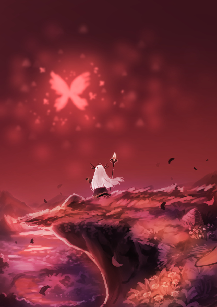 1girl absurdres bug butterfly crown dress facing_away floating_hair flower from_behind highres hill holding holding_staff horns insect landscape long_dress long_hair long_sleeves mana_matitia_(okame_nin) okame_nin original outdoors outstretched_arms red_sky red_theme sky solo spread_arms staff standing white_hair