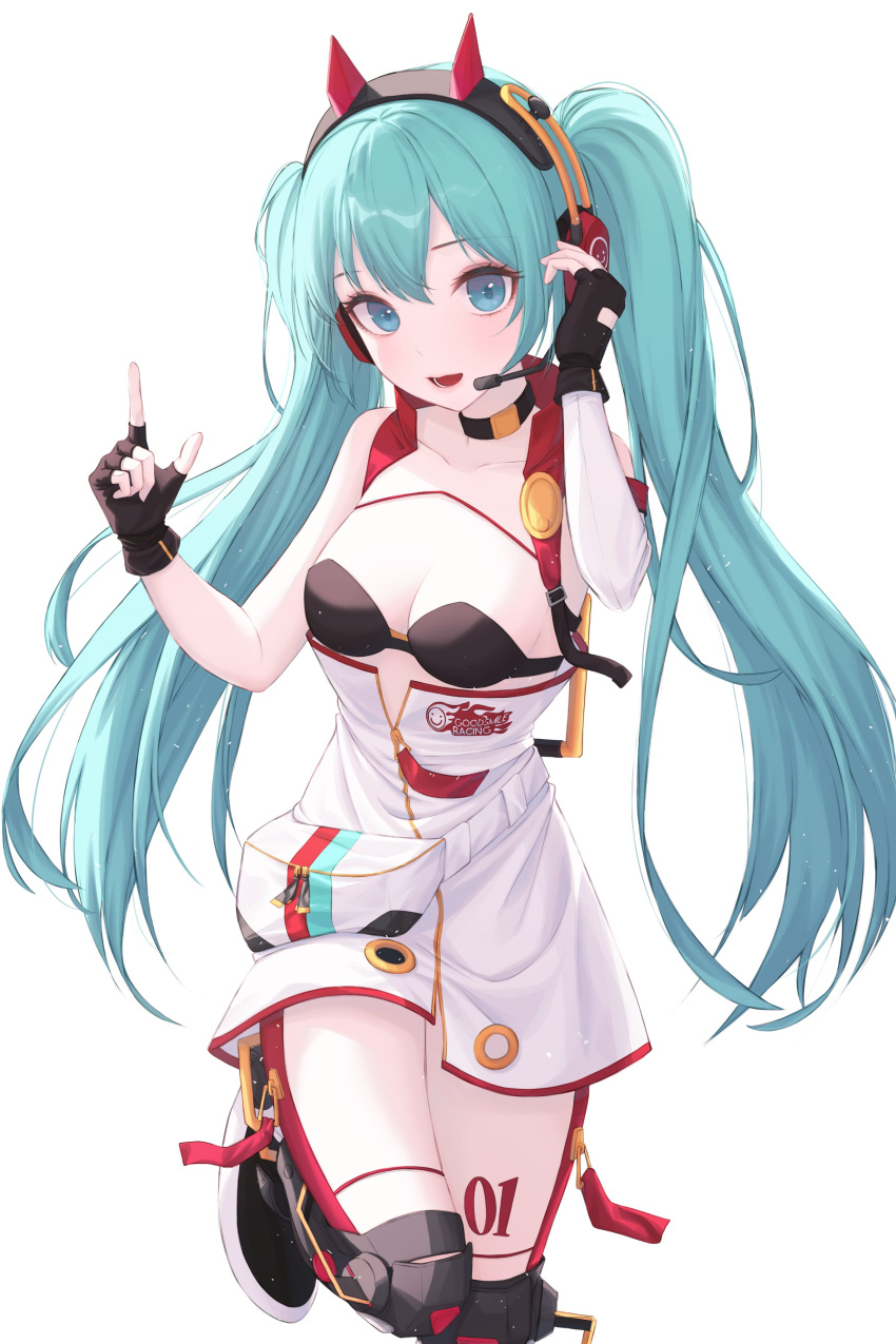 1girl absurdres aqua_eyes aqua_hair asymmetrical_sleeves bare_shoulders black_gloves commentary detached_sleeves dress fingerless_gloves gloves goodsmile_racing hand_on_headphones hands_up hatsune_miku headphones headset highres index_finger_raised leg_armor leg_up logo long_hair looking_at_viewer min5526 pouch racing_miku racing_miku_(2020) single_detached_sleeve sleeveless sleeveless_dress smile solo sports_bra standing strapless strapless_dress thigh_tattoo twintails very_long_hair vocaloid white_background white_dress white_sleeves