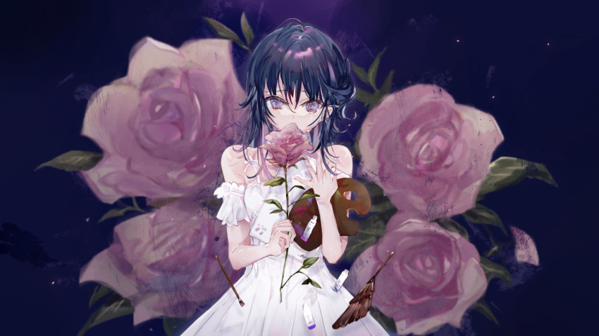 1girl blue_hair crying dress feathers flower highres holding holding_flower looking_at_viewer original paint palette pink_flower pink_rose rose shia_job solo violet_eyes white_dress