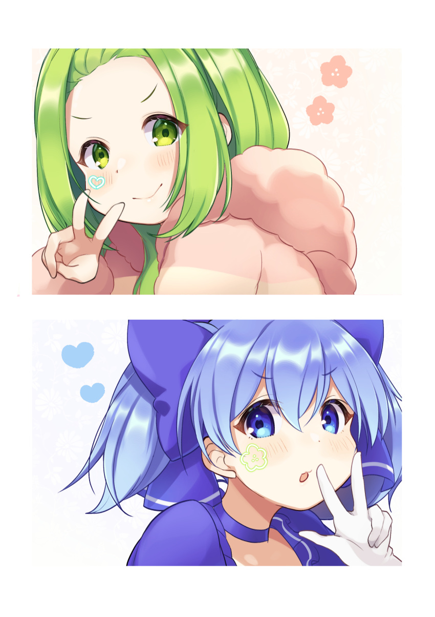 &gt;:) 2girls absurdres bangs blue_bow blue_choker blue_eyes blue_hair blush bow choker closed_mouth eyebrows_visible_through_hair forehead gloves green_eyes green_hair hair_between_eyes hair_bow hand_up heart highres hood hood_down hooded_jacket jacket long_sleeves looking_at_viewer morinaka_kazaki multiple_girls nekomitei nijisanji pink_jacket sleeves_past_wrists smile v v-shaped_eyebrows virtual_youtuber w white_gloves yuuki_chihiro