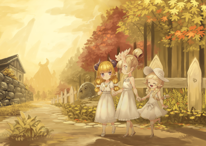 +_+ 3girls :d absurdres bare_arms bare_shoulders blonde_hair braid child closed_mouth day demon_horns dress fence forest hat highres holding_hands horns house iga_(okame_nin) jewelry long_hair low_twintails multiple_girls nature necklace okame_nin open_mouth original outdoors pointy_ears ponytail red_eyes sandals shoes smile spiked_horns sun_hat sundress tree twin_braids twintails urushia_(okame_nin) violet_eyes walking white_dress white_footwear white_headwear wooden_fence yellow_sky younger