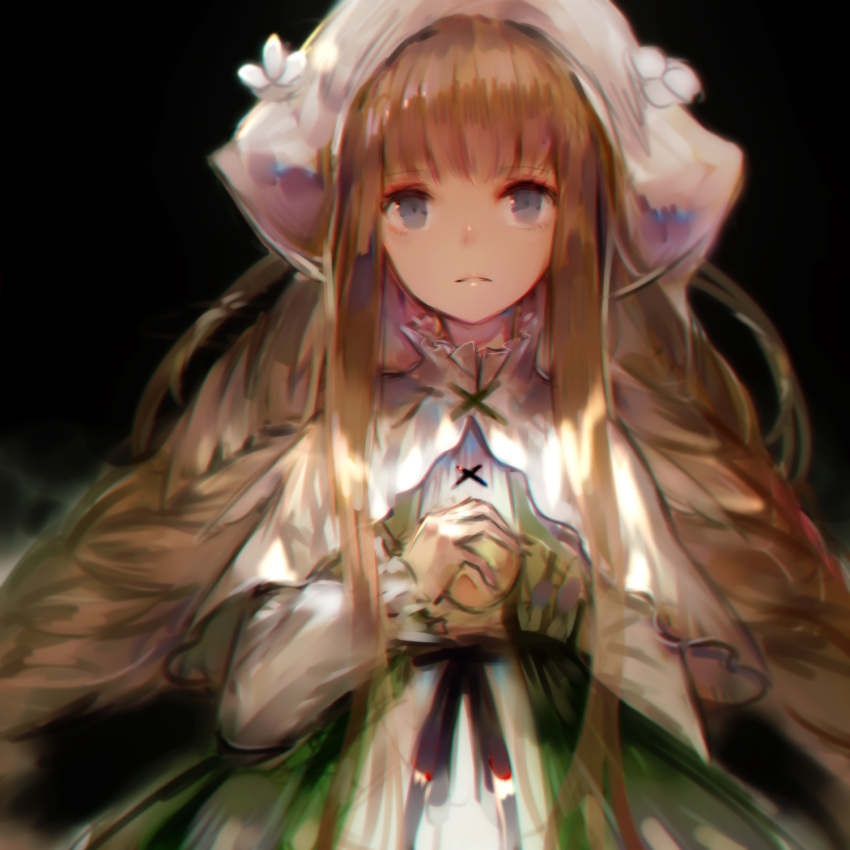 1girl black_background blue_eyes blurry braid capelet dress forever_7th_capital frown green_dress hanchan highres light_brown_hair long_sleeves looking_at_viewer sidelocks simple_background solo twin_braids upper_body white_capelet white_headwear