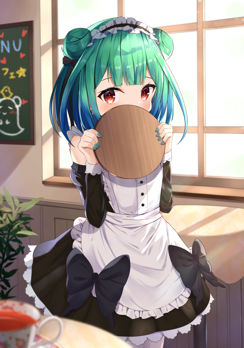 1girl alternate_costume apron bangs bare_shoulders black_bow black_dress blush bow commentary_request covering_mouth cup double_bun dress enmaided frilled_dress frills green_hair hair_ornament highres holding holding_tray hololive indoors looking_at_viewer maid maid_apron maid_headdress red_eyes saki_(saki_paint) short_hair solo teacup tray uruha_rushia virtual_youtuber window