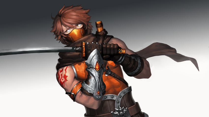 1boy armband armor belt brown_gloves brown_hair brown_scarf cain_(gunnermul) gloves gradient gradient_background hair_between_eyes holding holding_sword holding_weapon male_focus mask mouth_mask ninja original scabbard scarf sheath shoulder_tattoo solo sword tattoo unsheathed weapon yellow_eyes