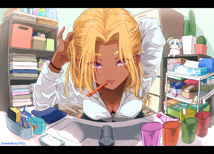 1girl :t adjusting_hair amamiya_erena animal_print arm_behind_head arms_up bathroom bear_print blonde_hair bra bracelet breasts brushing_teeth cactus character_doll close-up collarbone collared_shirt cup cupboard dark_skin dededeteiu ear_piercing earrings eyebrows_visible_through_hair eyes_visible_through_hair faucet foreshortening fuwa_(precure) hair_intakes hair_over_eyes highres indoors jewelry leaning_forward letterboxed lips long_hair long_sleeves looking_at_mirror mimikaki mirror mouth_hold mug open_clothes open_shirt panorama piercing plant potted_plant pout precure reflection rug shadow shelf shirt sink soap_bottle solo sparkle sponge star_twinkle_precure symbol_commentary thick_eyebrows tissue tissue_box toothbrush toothbrush_in_mouth toothpaste towel underwear violet_eyes white_shirt