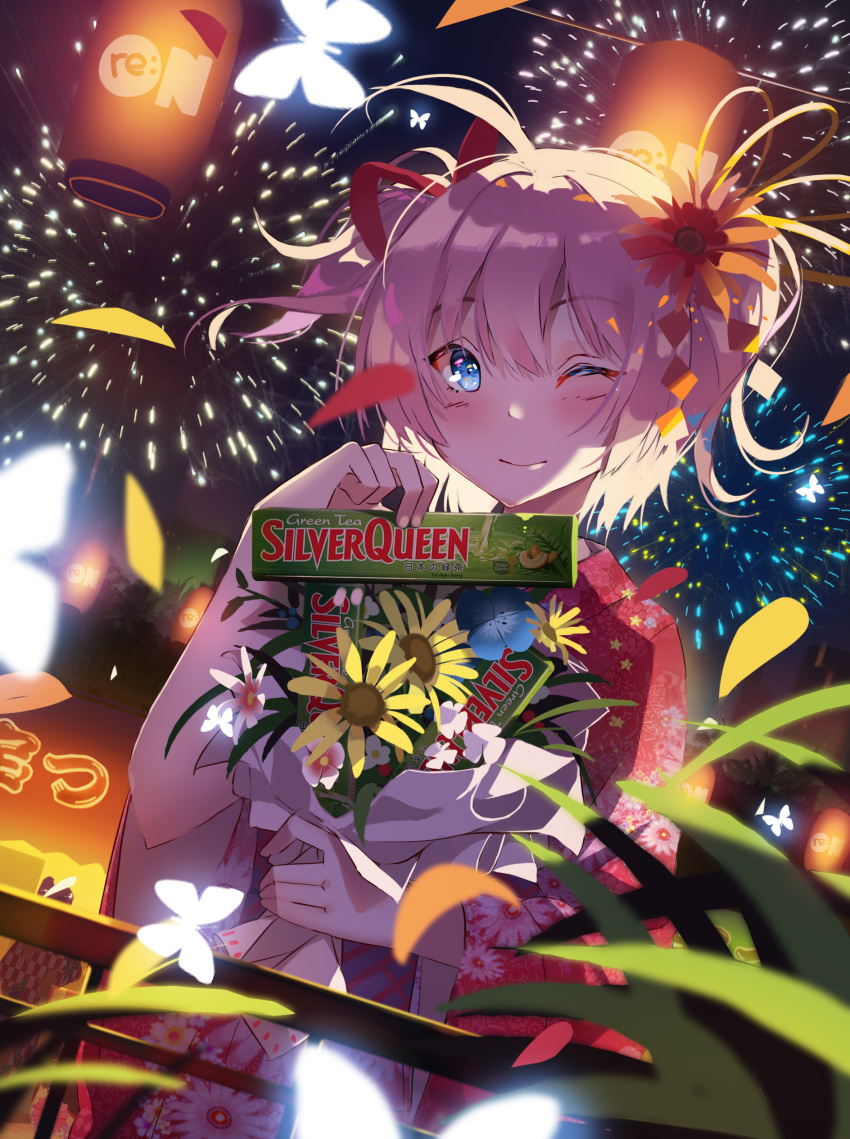 1girl absurdres aerial_fireworks blue_eyes blush festival fireworks flower green_tea hair_flower hair_ornament hair_ribbon highres holding holding_flower japanese_clothes kimono one_eye_closed pink_hair pink_kimono red_ribbon ribbon smile summer_festival tea uchiage_hanabi_shita_kara_miru_ka?_yoko_kara_miru_ka? vierzeck yukata