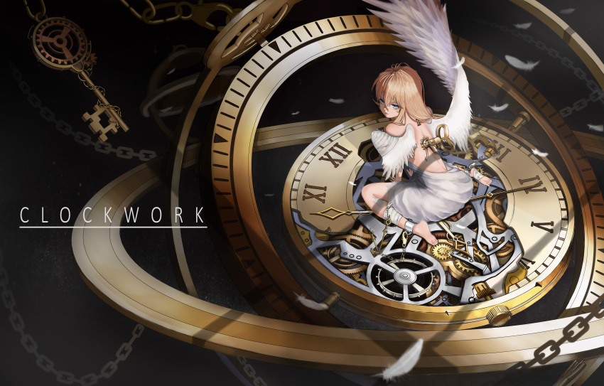 1girl absurdres angel angel_wings bandages blonde_hair blue_eyes chain clock clock_hands clockwork cuffs english_text feathered_wings feathers gears highres key l4timeria original restrained roman_numerals winding_key wings