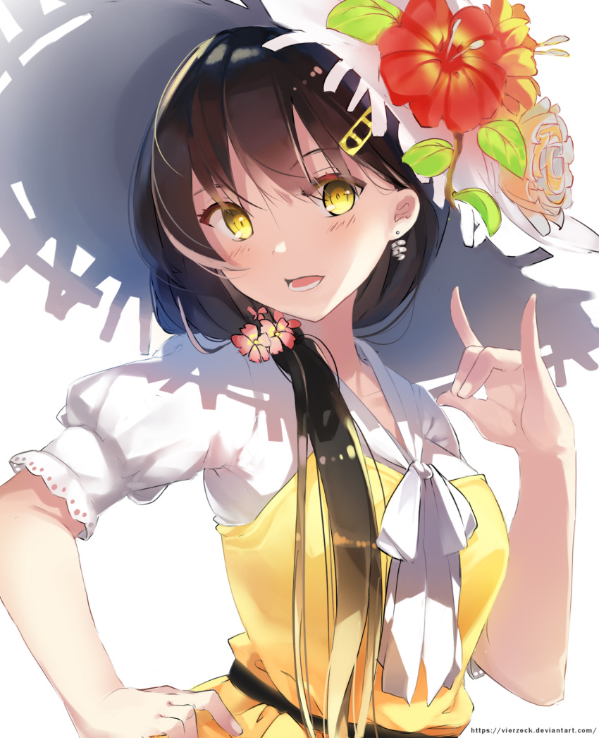 1girl black_hair blush dress earrings flower hair_between_eyes hair_flower hair_ornament hand_on_hip hat highres jewelry long_hair looking_at_viewer open_mouth original ponytail ribbon short_sleeves solo vierzeck white_headwear white_ribbon yellow_dress yellow_eyes