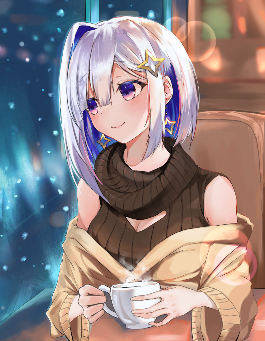 1girl amane_kanata blue_hair casual cleavage_cutout clothing_cutout coffee_cup cup disposable_cup earrings elphe eyebrows_visible_through_hair highres hololive jewelry multicolored_hair off-shoulder_sweater off_shoulder ribbed_sweater short_hair silver_hair sleeveless sleeveless_turtleneck smile solo streaked_hair sweater turtleneck upper_body violet_eyes virtual_youtuber