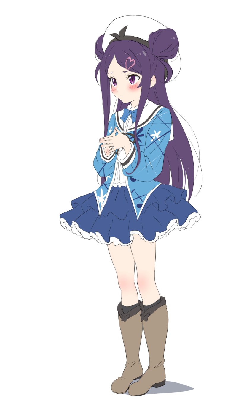 1girl blue_bow blush bow brown_footwear closed_mouth double_bun hair_bun hair_ornament hands_together hat heart heart_hair_ornament highres long_hair ochikobore_fruit_tart purple_hair sekino_roko simple_background sketch solo standing trg-_(sain) violet_eyes white_background white_headwear