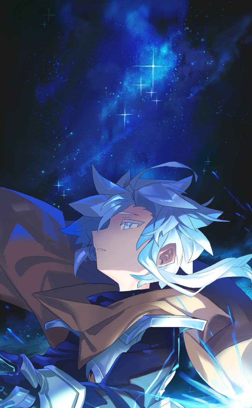 1boy blue_eyes blue_hair blue_pupils brown_cape cape floating_hair from_side gauntlets grey_hair highres male_focus milky_way original parted_lips shichigatsu sideways_mouth sky slit_pupils solo star_(sky) starry_sky upper_body
