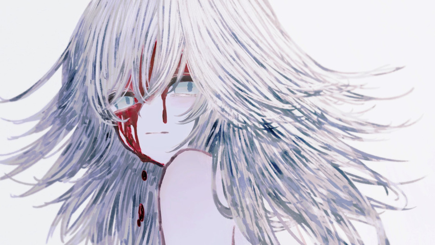 1girl bleeding blood blue_eyes blush closed_mouth dripping grey_background grey_hair highres light_blush long_hair looking_at_viewer looking_back nude nurie7 original simple_background solo upper_body