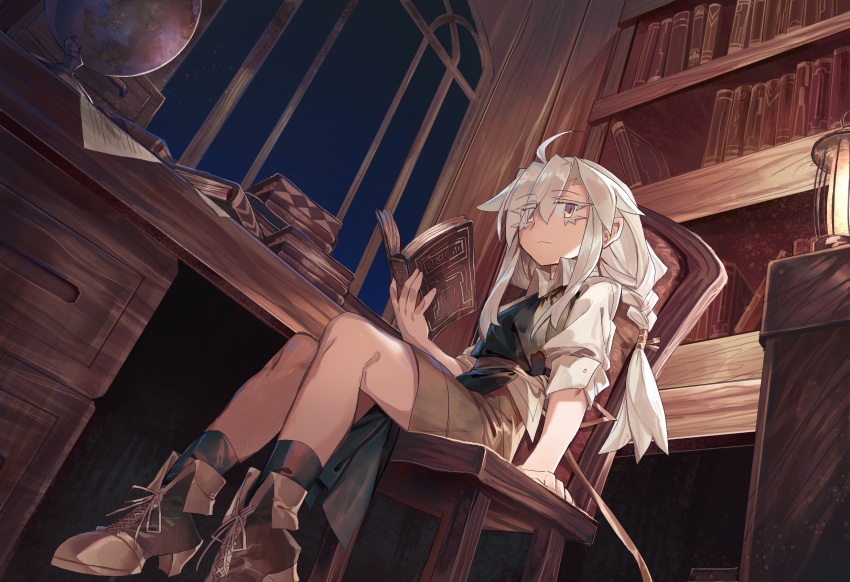 1girl ahoge ari_(shichigatsu) black_legwear blue_sky book book_stack bookshelf braid brown_eyes brown_footwear brown_shorts chair closed_mouth cross-laced_footwear dutch_angle eyelashes globe highres holding holding_book indoors lantern long_hair looking_at_viewer night night_sky open_book original shichigatsu shoes shorts sitting sky socks solo tabard twin_braids