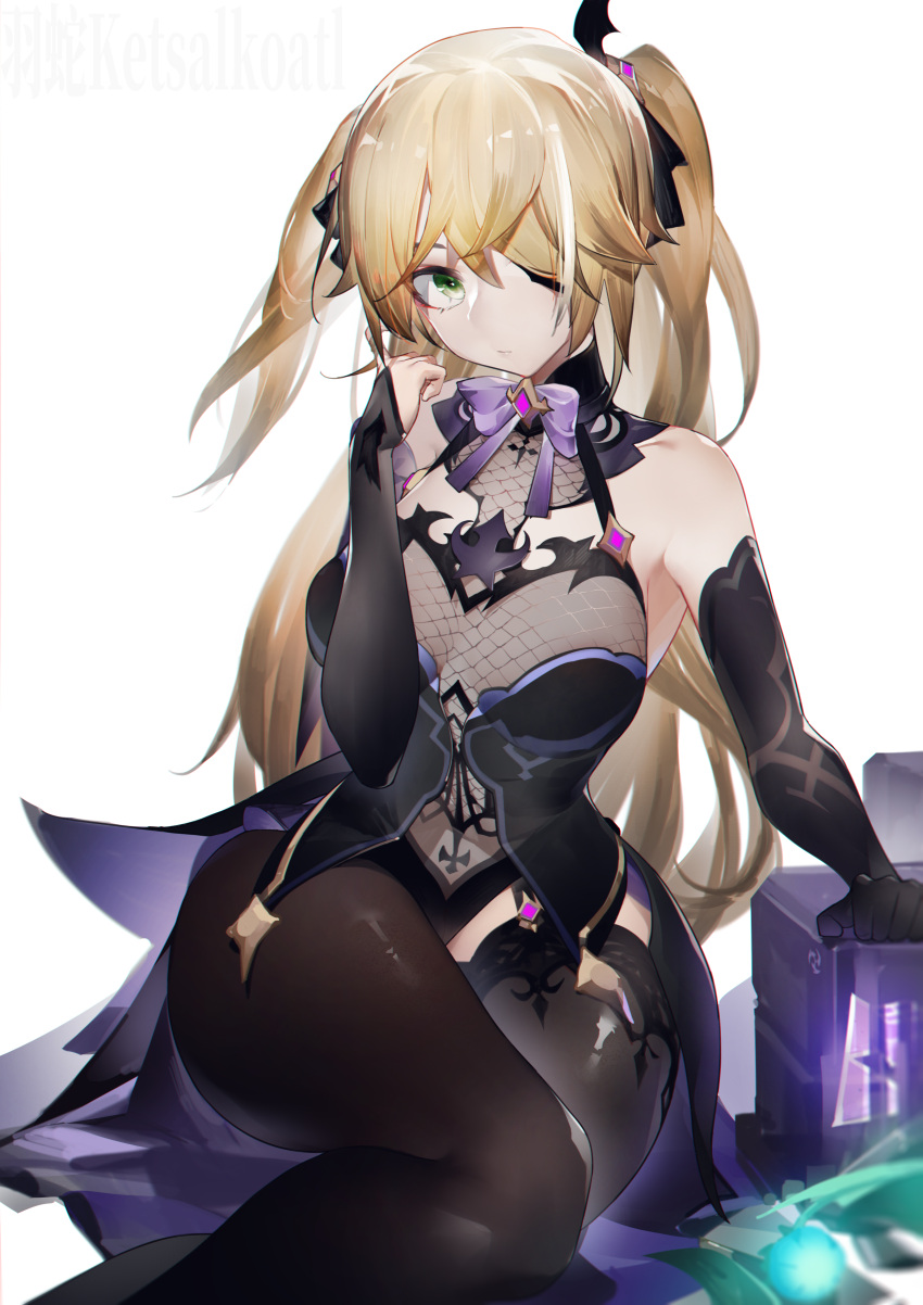 1girl absurdres bangs bare_shoulders black_legwear black_ribbon blonde_hair bow bowtie breasts brooch commentary_request fischl_(genshin_impact) genshin_impact green_eyes hair_ribbon highres jewelry long_hair looking_at_viewer medium_breasts purple_bow purple_neckwear ribbon simple_background sitting solo thighs very_long_hair white_background yushi_ketsalkoatl