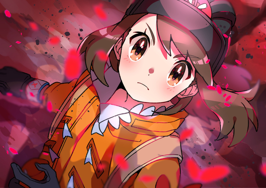 1girl absurdres black_gloves black_headwear blush brown_eyes brown_hair closed_mouth commentary_request dynamax_band expedition_uniform eyebrows_visible_through_hair eyelashes floating_hair gloria_(pokemon) gloves helmet highres jacket light_frown orange_jacket pokemon pokemon_(game) pokemon_swsh pon_yui solo upper_body