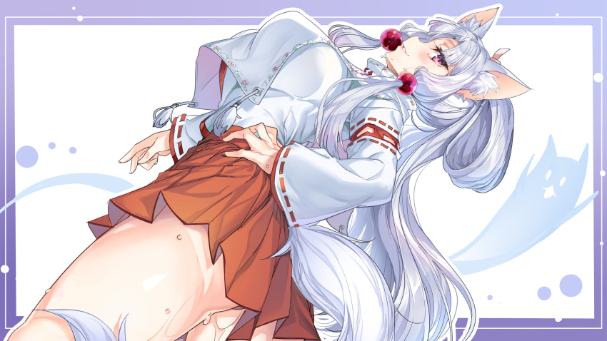 1girl ajishio animal_ear_fluff animal_ears ass bangs blush breasts commentary_request eyebrows_visible_through_hair fox_ears from_below hair_tubes hand_on_hip high_ponytail highres large_breasts long_hair long_sleeves looking_at_viewer open_mouth parted_bangs pleated_skirt ribbon-trimmed_sleeves ribbon_trim sidelocks skirt smile solo sweat touhoku_itako violet_eyes voiceroid white_hair wide_sleeves