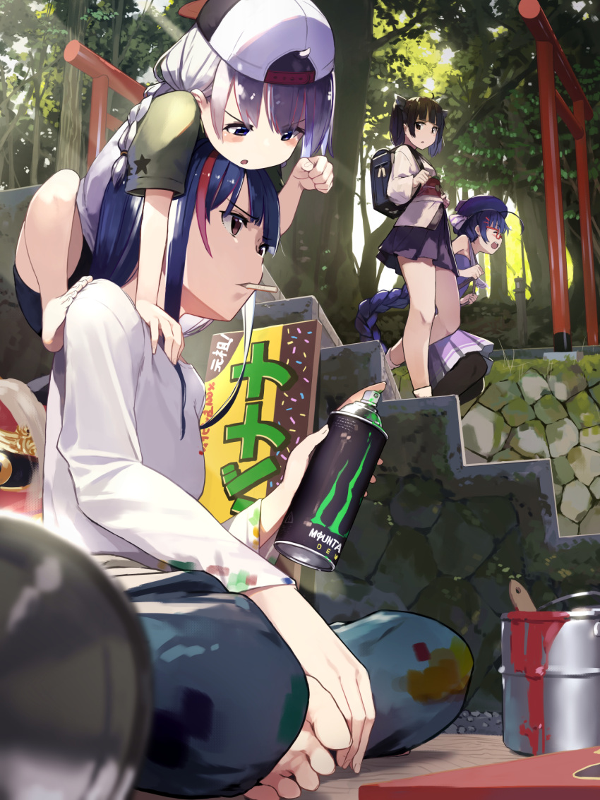 4girls backpack bag bangs baseball_cap blue_hair blue_headwear blunt_bangs blurry_foreground braid brown_eyes brown_hair can cigarette climbing closed_eyes commentary day denim dirty dirty_clothes eel_hat forest glasses hat headgear highres holding holding_can indian_style japanese_clothes jeans kizuna_akari kotonoha_aoi kuz long_hair looking_at_another miniskirt mouth_hold multicolored_hair multiple_girls multiple_torii nature obi on_person otomachi_una outdoors paint pants pantyhose paw_pose pleated_skirt purple_shirt purple_skirt red-tinted_eyewear sash school_uniform shirt shorts sign silver_hair sitting skirt sleeveless sleeveless_shirt smile spray_can stairs streaked_hair talkex torii touhoku_kiritan tree voiceroid white_headwear white_shirt