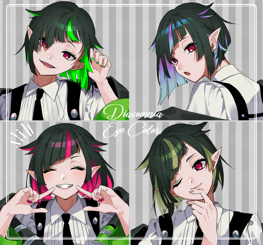 1boy alternate_hair_color bangs black_hair blue_hair collared_shirt fangs gradient_hair green_hair green_nails highres lilia_vanrouge looking_at_viewer male_focus multicolored_hair night_raven_college_uniform one_eye_closed open_mouth pink_hair pink_nails pointy_ears red_eyes shinonome2nd shirt short_hair smile solo streaked_hair twisted_wonderland two-tone_hair