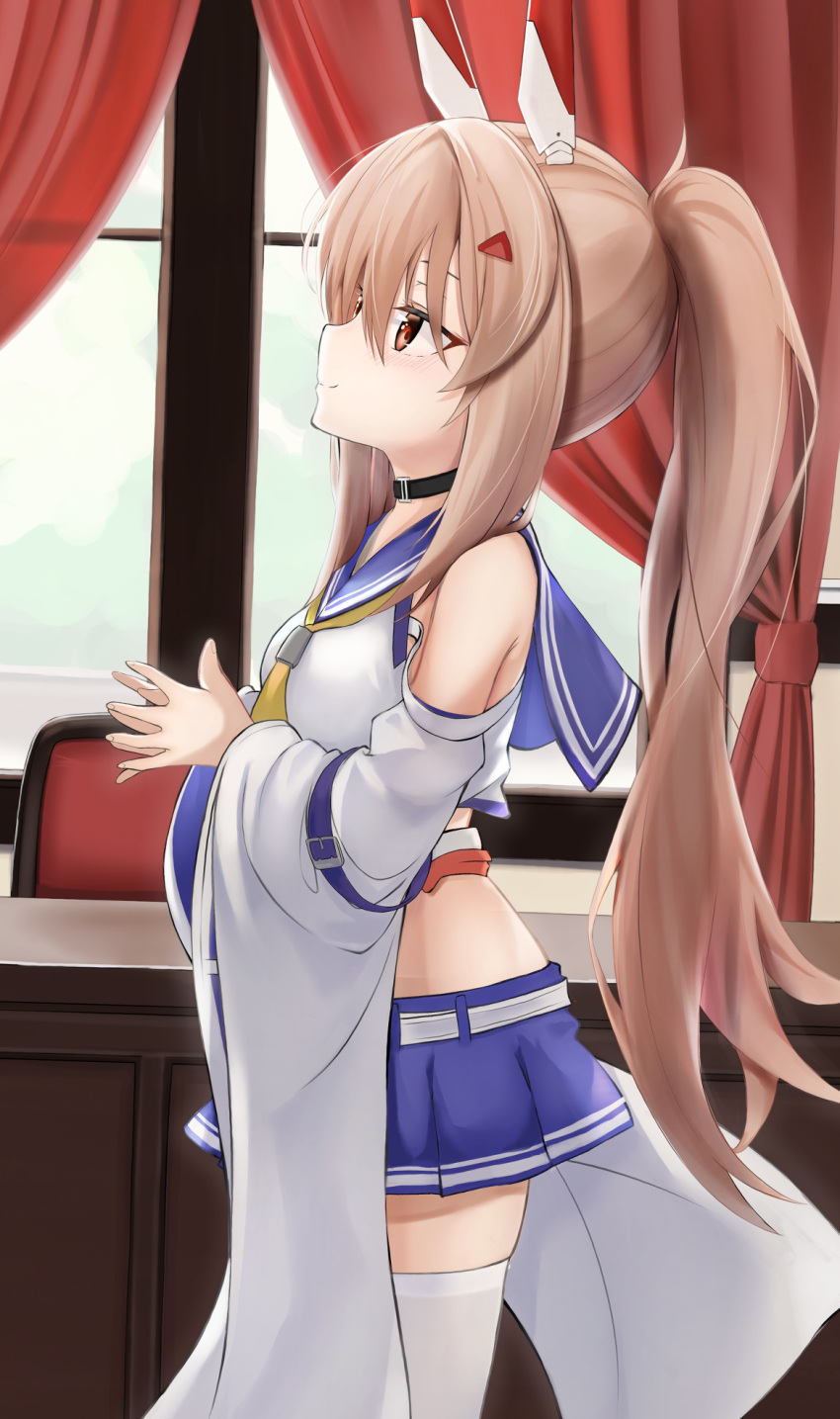 1girl ascot ayanami_(azur_lane) azur_lane belt blurry chair choker commentary_request curtains depth_of_field desk detached_sleeves fingers_together from_side hair_ornament hairclip headgear highres long_hair looking_away looking_up micchamu midriff orange_eyes pleated_skirt ponytail retrofit_(azur_lane) ribbon-trimmed_sleeves ribbon_trim school_uniform serafuku silver_hair skirt smile solo thigh-highs white_legwear wide_sleeves window zettai_ryouiki