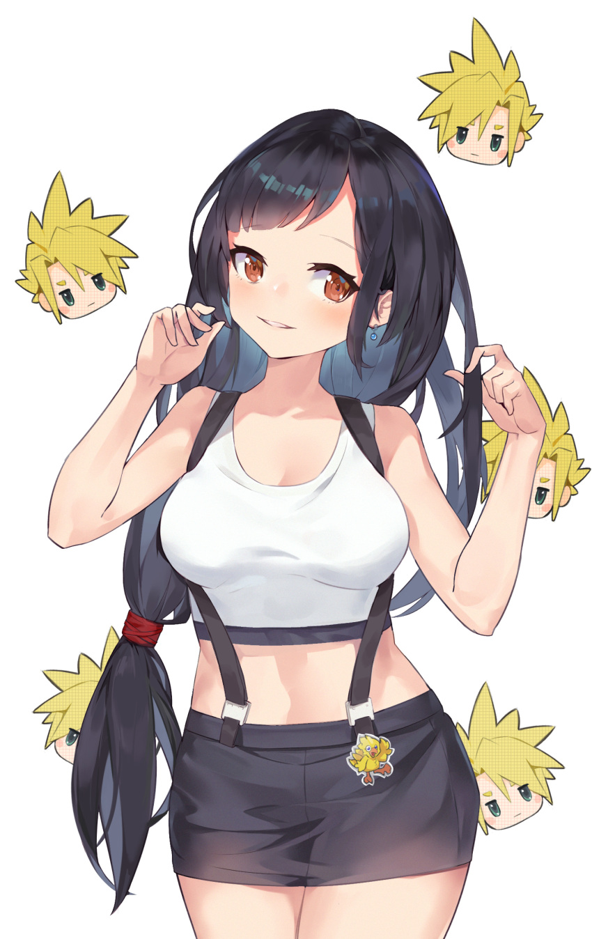 1girl bangs bare_arms bare_shoulders black_hair black_skirt blonde_hair breasts brown_eyes chibi chibi_inset cloud_strife cowboy_shot crop_top earrings final_fantasy final_fantasy_vii green_eyes hands_up highres jewelry large_breasts long_hair looking_at_viewer low-tied_long_hair midriff miniskirt parted_lips pencil_skirt simple_background skirt smile standing stomach suspenders tank_top tifa_lockhart timwhale very_long_hair white_background white_tank_top