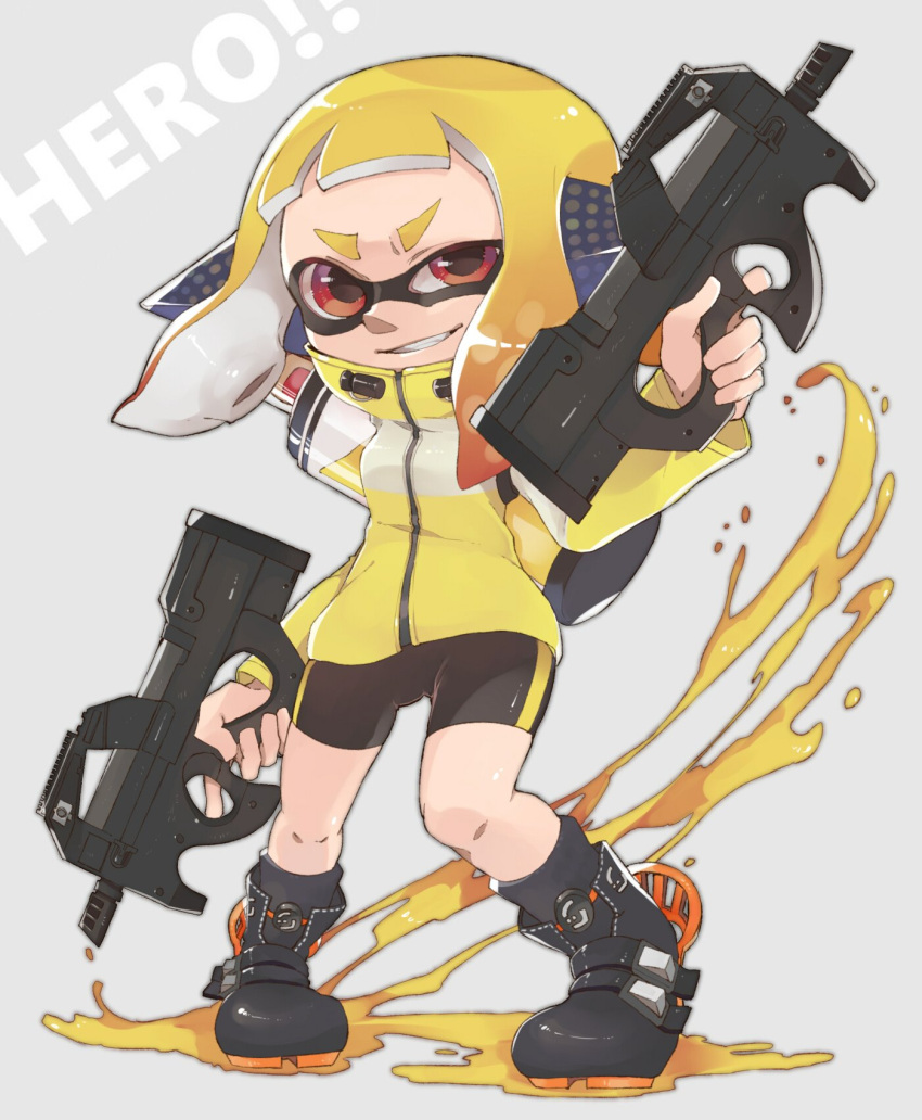 1girl ankle_boots bangs bike_shorts black_footwear black_legwear black_shorts blonde_hair blunt_bangs boots bullpup coat commentary_request domino_mask dual_wielding english_text gradient_hair grey_background grin gun headgear highres holding ink_tank_(splatoon) inkling long_sleeves looking_at_viewer mask medium_hair multicolored_hair orange_hair p90 paint_splatter prat_rat red_eyes shorts single_vertical_stripe smile socks solo splatoon_(series) splatoon_2 squidbeak_splatoon standing submachine_gun tentacle_hair weapon yellow_coat