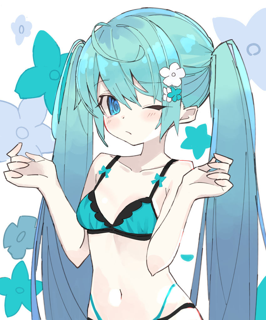 1girl @_@ absurdres aqua_hair bikini blue_bikini blue_eyes blue_flower breasts collarbone commentary floral_background flower hair_flower hair_ornament hands_up happy_cream hatsune_miku highres long_hair looking_at_viewer midriff navel one_eye_closed small_breasts solo star_(symbol) stomach swimsuit twintails upper_body very_long_hair vocaloid white_background white_flower