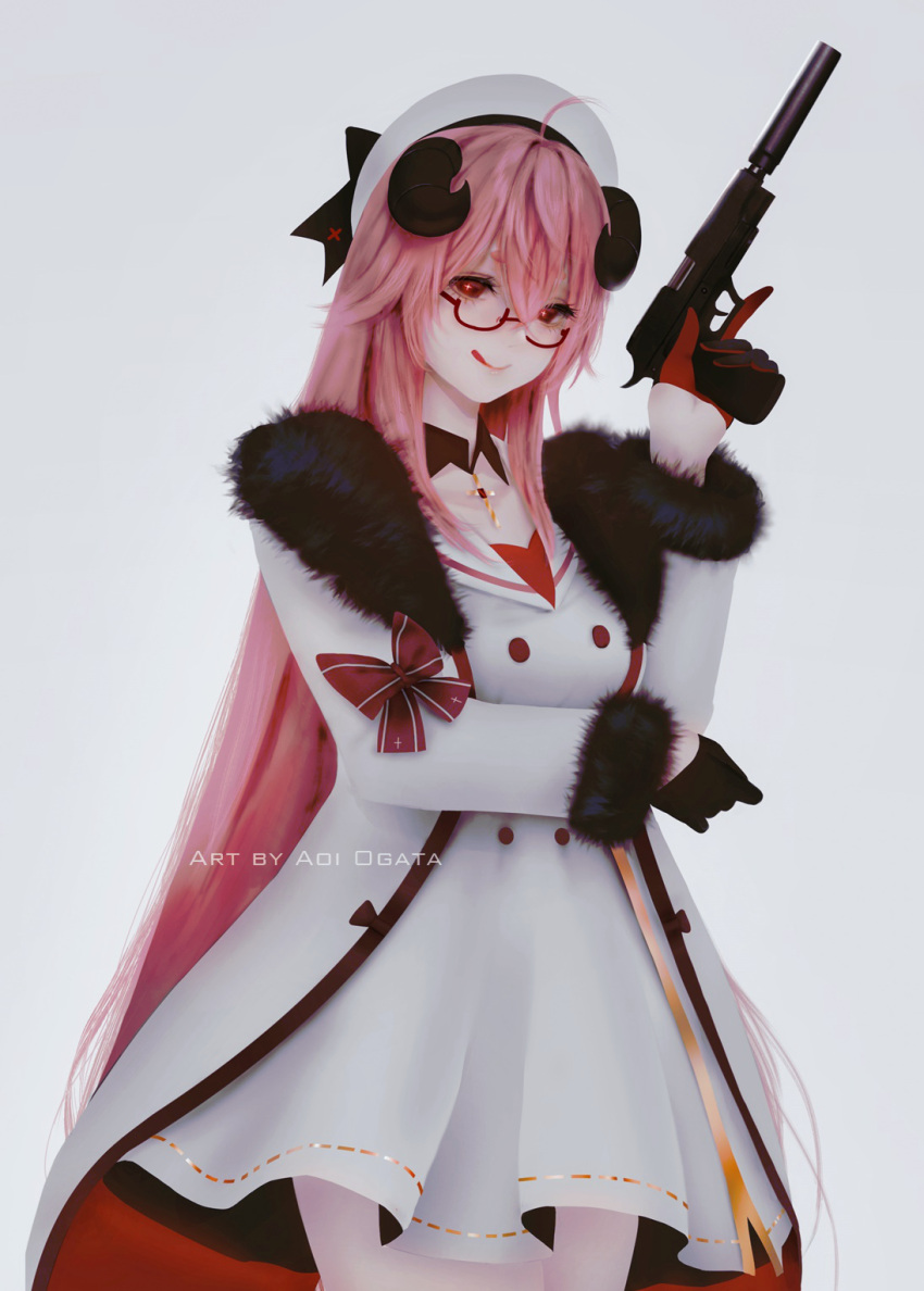 1girl :q ahoge aoi_ogata artist_name bangs beret black_gloves breasts clip_studio_paint_(medium) closed_mouth coat commentary_request commission copyright_request curled_horns demon_horns dress fur-trimmed_coat fur-trimmed_sleeves fur_trim glasses gloves grey_background gun hair_between_eyes half_gloves handgun hat highres holding holding_gun holding_weapon horns long_hair long_sleeves looking_at_viewer open_clothes open_coat pink_hair pistol pleated_dress red-framed_eyewear red_eyes red_gloves semi-rimless_eyewear short_eyebrows simple_background small_breasts smile solo standing suppressor thick_eyebrows tongue tongue_out under-rim_eyewear very_long_hair virtual_youtuber weapon weapon_request white_coat white_dress white_headwear